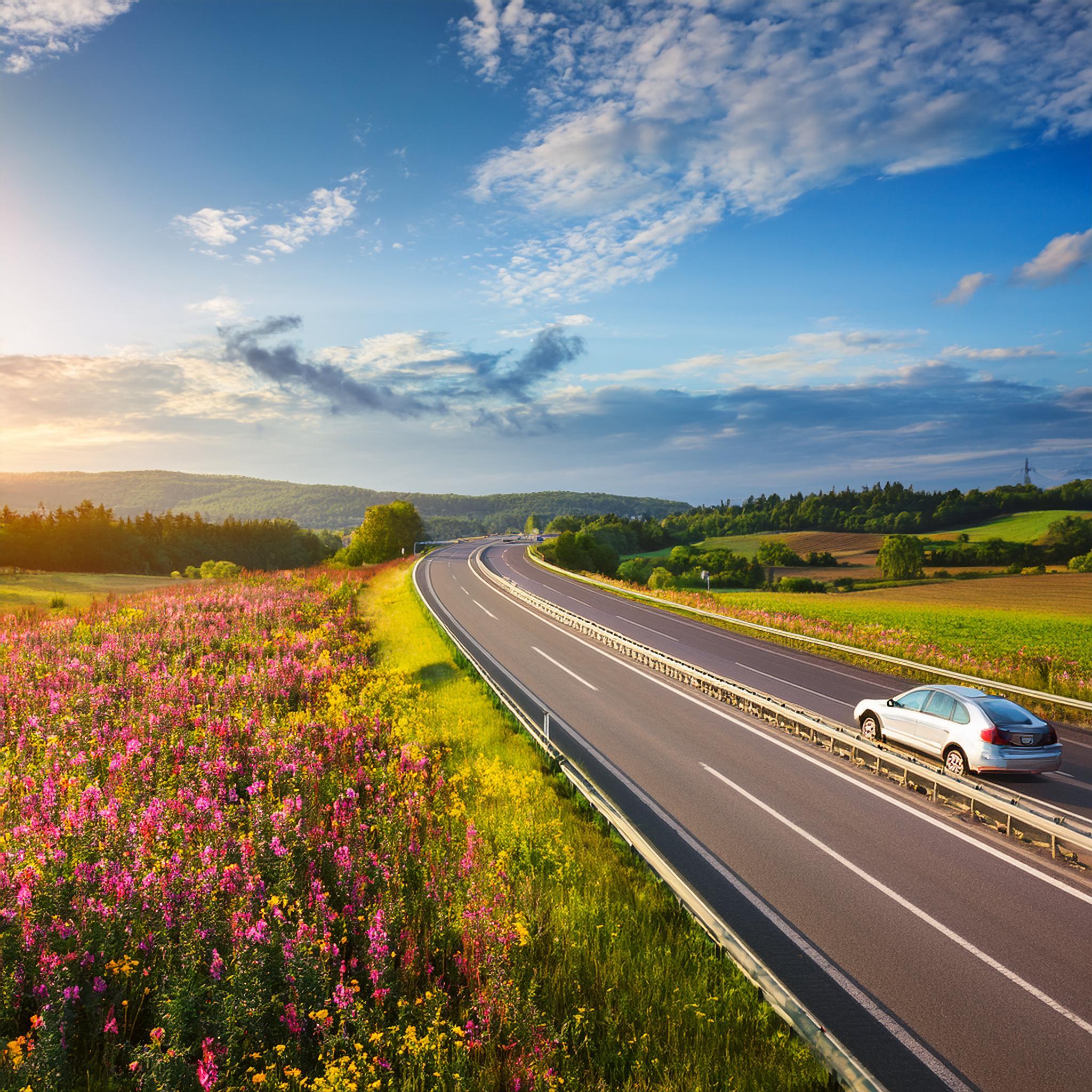 Firefly voiture qui circule sur une autoroute Paysage dune campagne fleurie deurope de louest 29